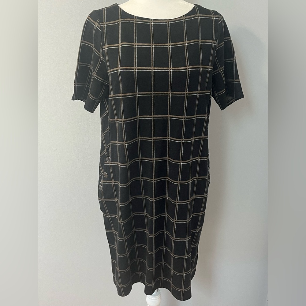 J. Jill Dress Women’s Petite M Black Ponte Window Pane Short Sleeve Pockets‎ NEW